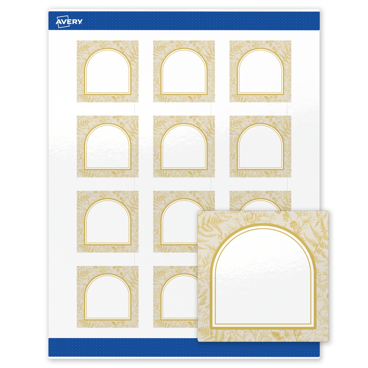 Avery Printable Square Labels with Sure Feed Technology, 2" x 2", Pre-printed Arched Metallic Gold Florals Design, Glossy White, Laser & Inkjet Compatible, 120 Total